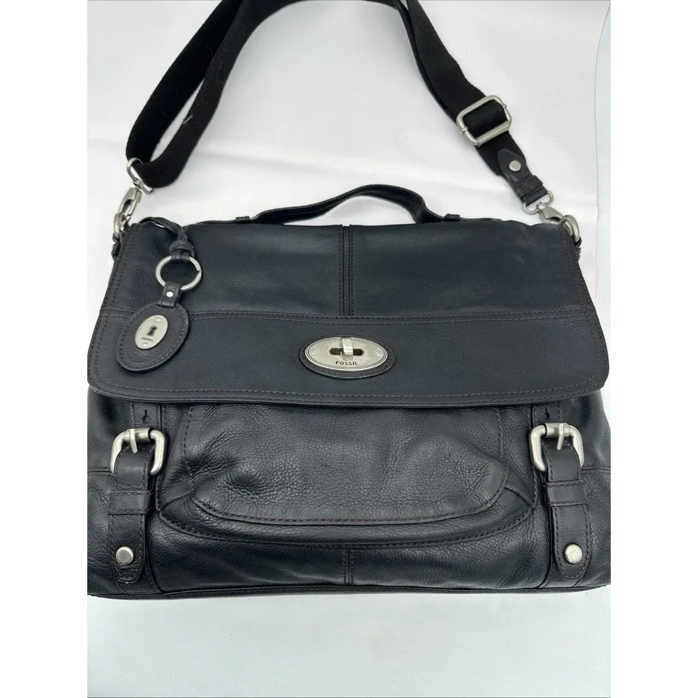 FOSSIL Leather Long Live Vintage 1954 Laptop Tote Shoulder Bag In Black